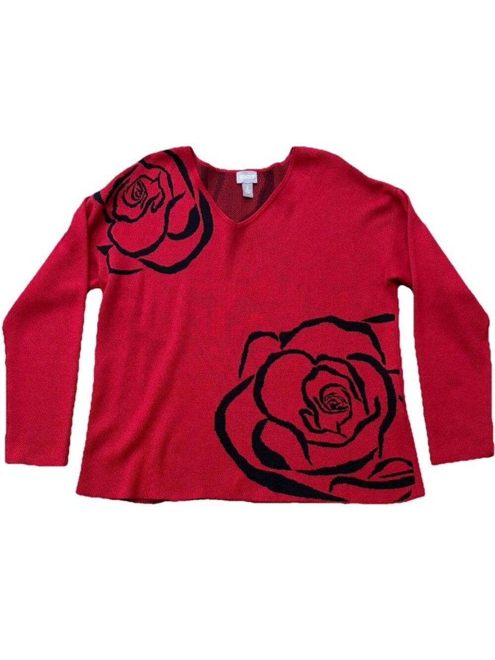 Chico's Red Bold Rose V-Neck Knit Pullover Sweater Women's 2 Medium 12